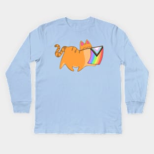 Pride Progress Flag Cat Rainbow LGBTQIA Chibi Orange Tabby Cat Kids Long Sleeve T-Shirt